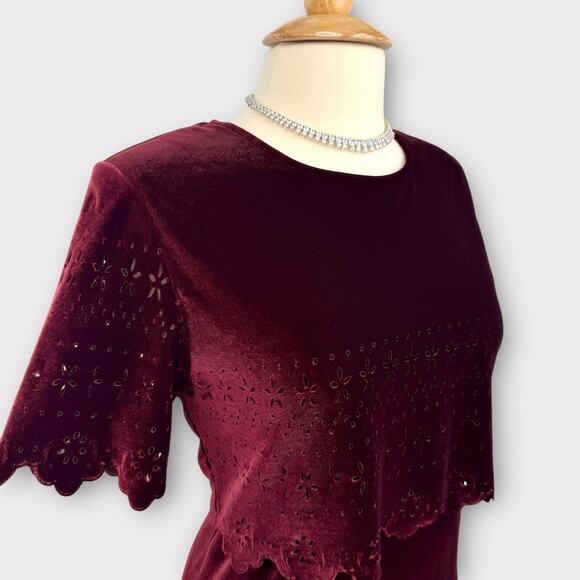 Vintage 90s Burgundy Velvet Column Gown Scallop Eyelet Overlay Maxi Dress Sz 14 - Picture 4 of 13